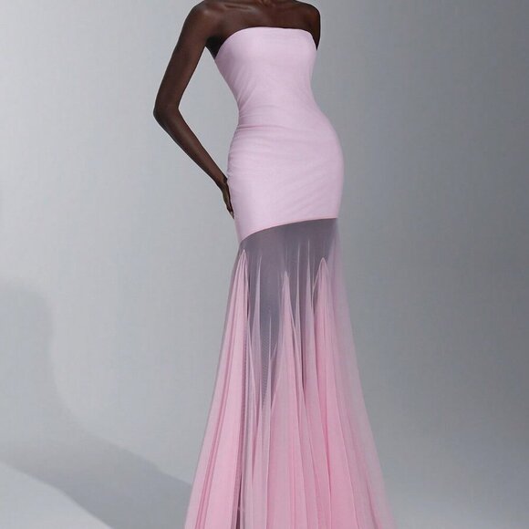 Pink Party Women's Elegant Bodycon Strapless maxi Mesh hem Dress - Picture 4 of 7